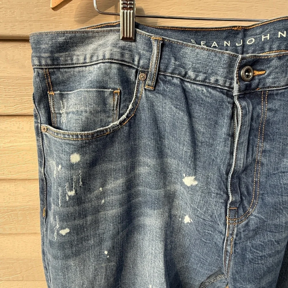 Sean John Mens 40 Tapered Stretch Jeans Tiger Embroidery Paint Splatter